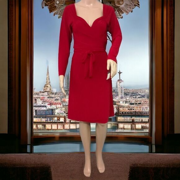 Norma Kamali Sweetheart Dress M True Wrap Red Slinky Knit Long Sleeve NEW Flowy. - Picture 13 of 16